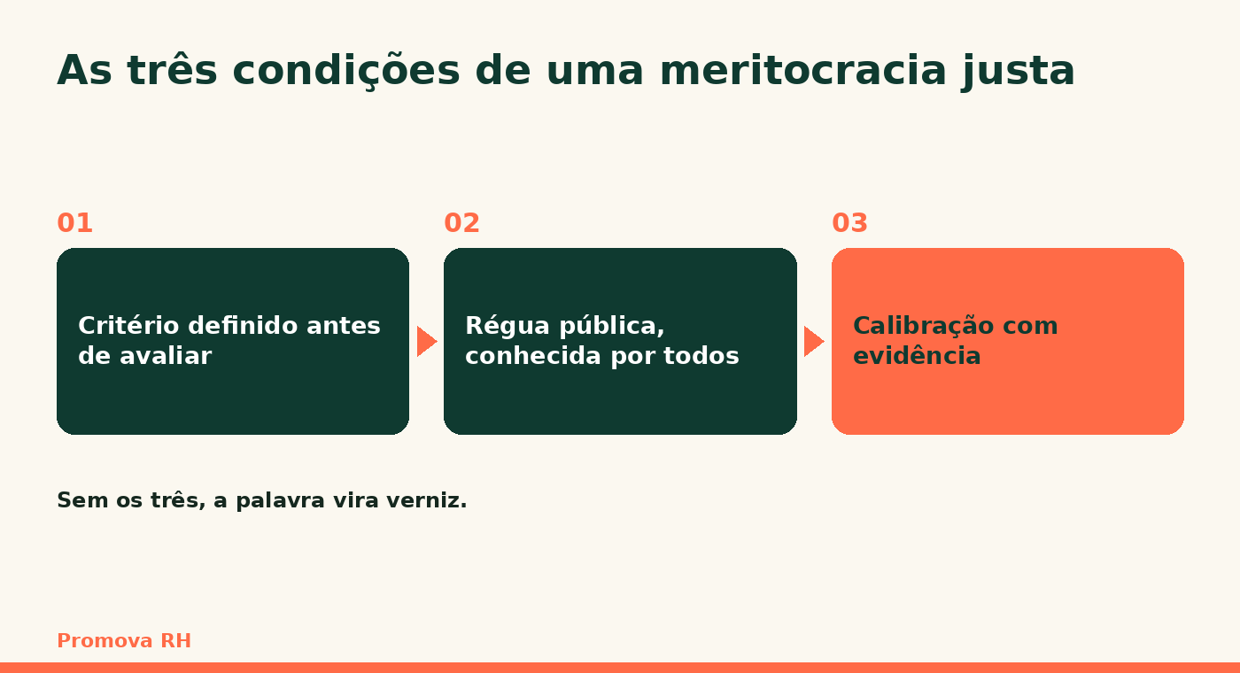 Diagrama com as três condições de uma meritocracia justa: critério, régua pública e calibração