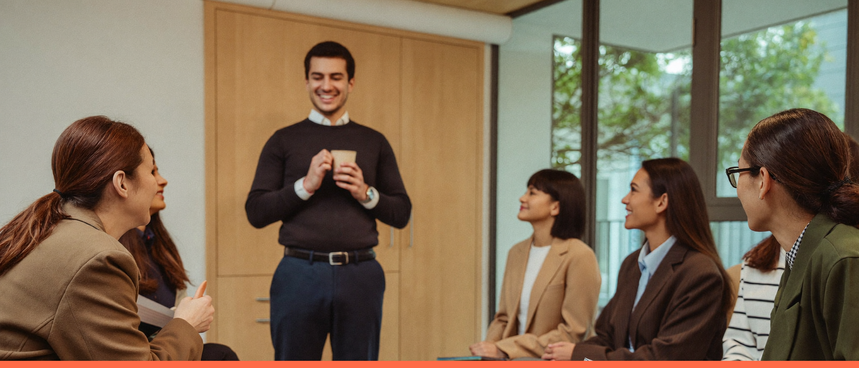Facilitador em pe conduzindo uma sessao de treinamento com uma equipe atenta e sorridente