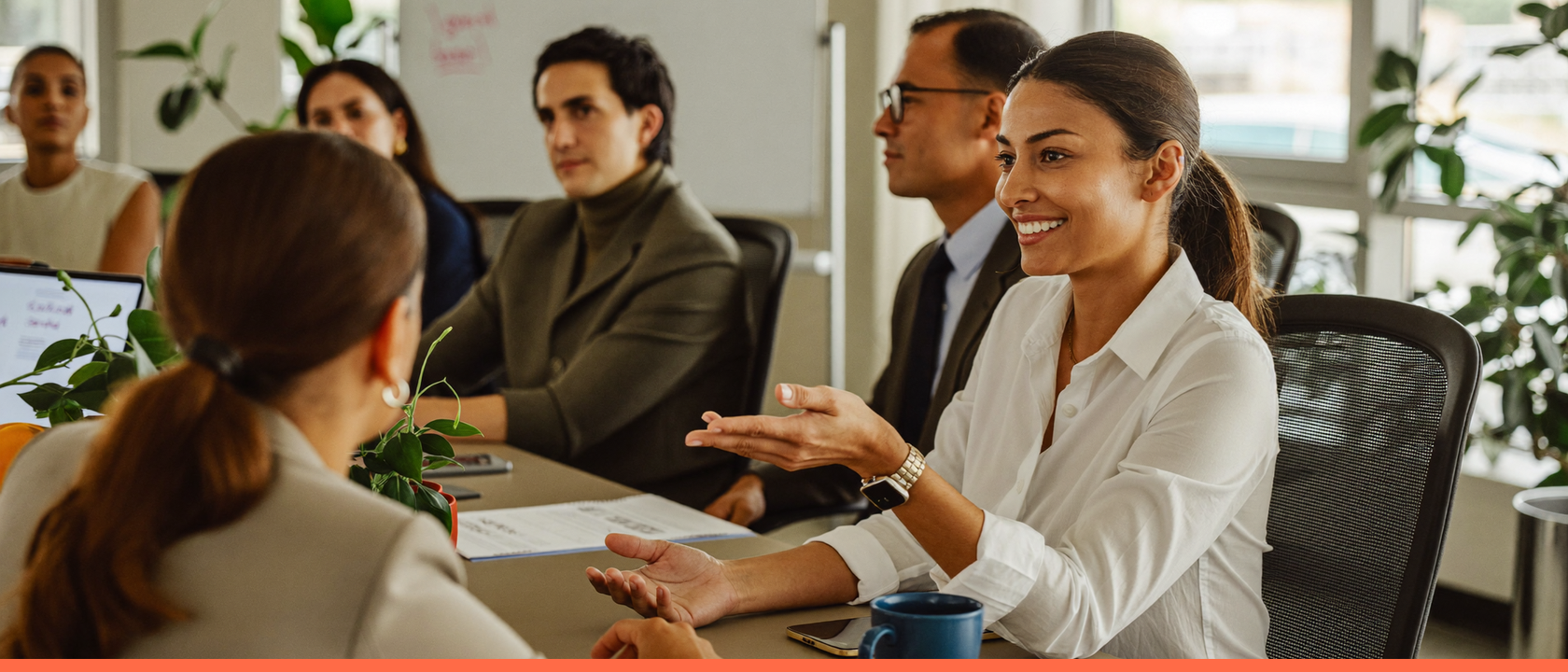 Equipe diversa em uma discussão respeitosa ao redor de uma mesa de reunião