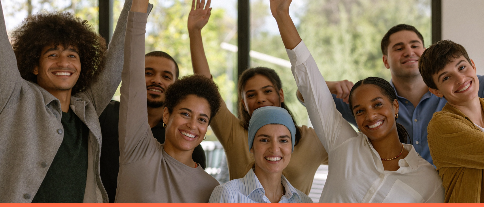 Equipe diversa comemorando um resultado alcançado juntos