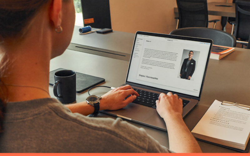 Recrutadora usando um software de recrutamento no notebook para avaliar candidatos