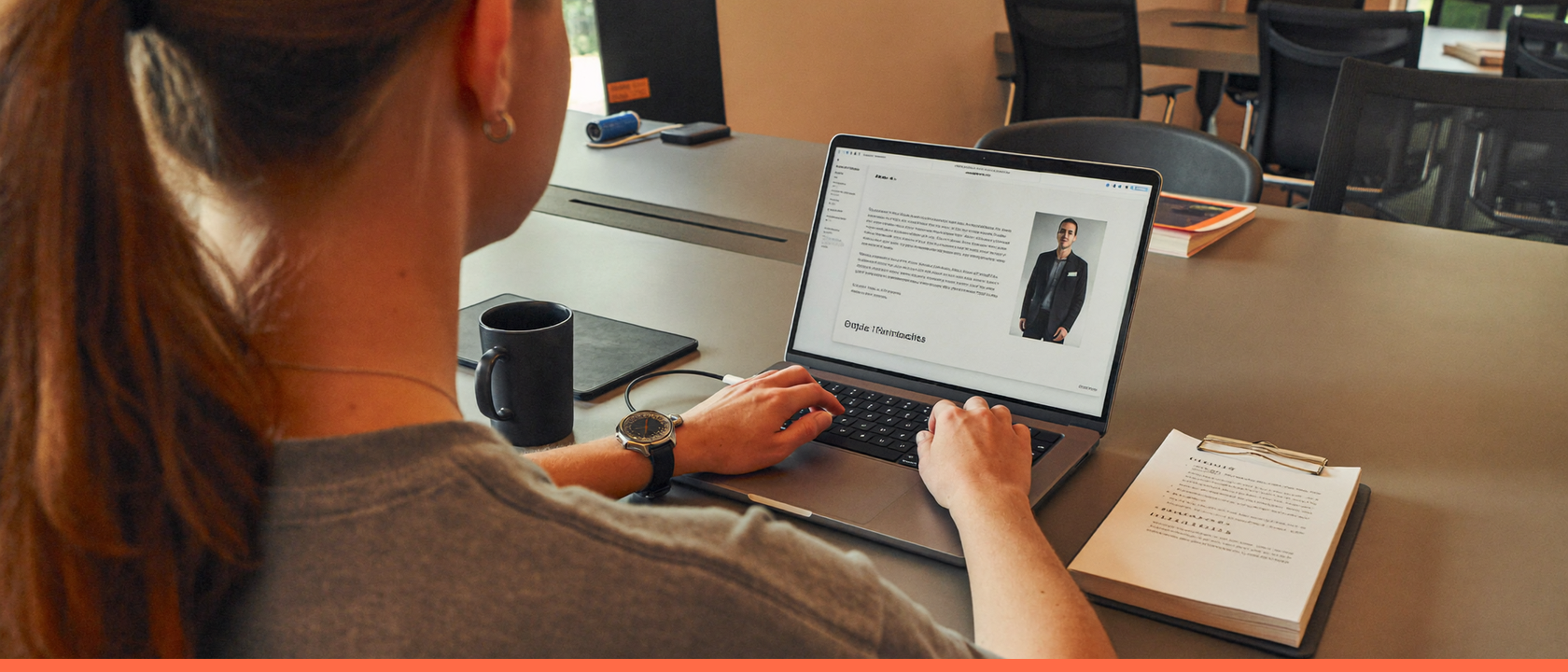 Recrutadora usando um software de recrutamento no notebook para avaliar candidatos