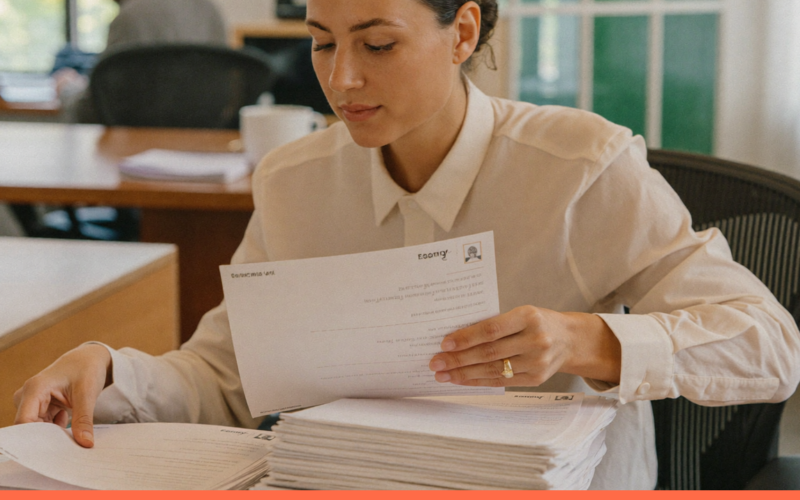 Recrutadora revisando uma pilha de currículos impressos na etapa de triagem