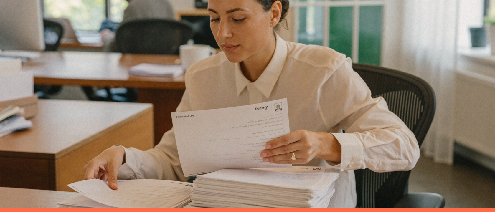 Recrutadora revisando uma pilha de currículos impressos na etapa de triagem